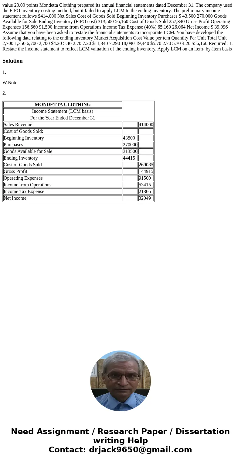  value 20.00 points Mondetta Clothing prepared its annual financial statements dated December 31. The company used the FIFO inventory costing method, but it fai