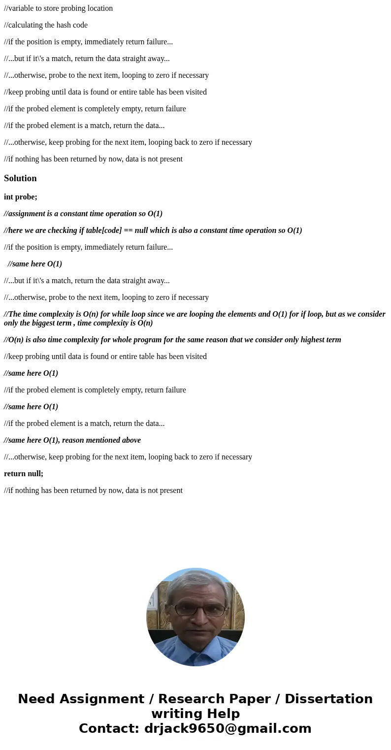 //variable to store probing location //calculating the hash code //if the position is empty, immediately return failure... //...but if it\'s a match, return the