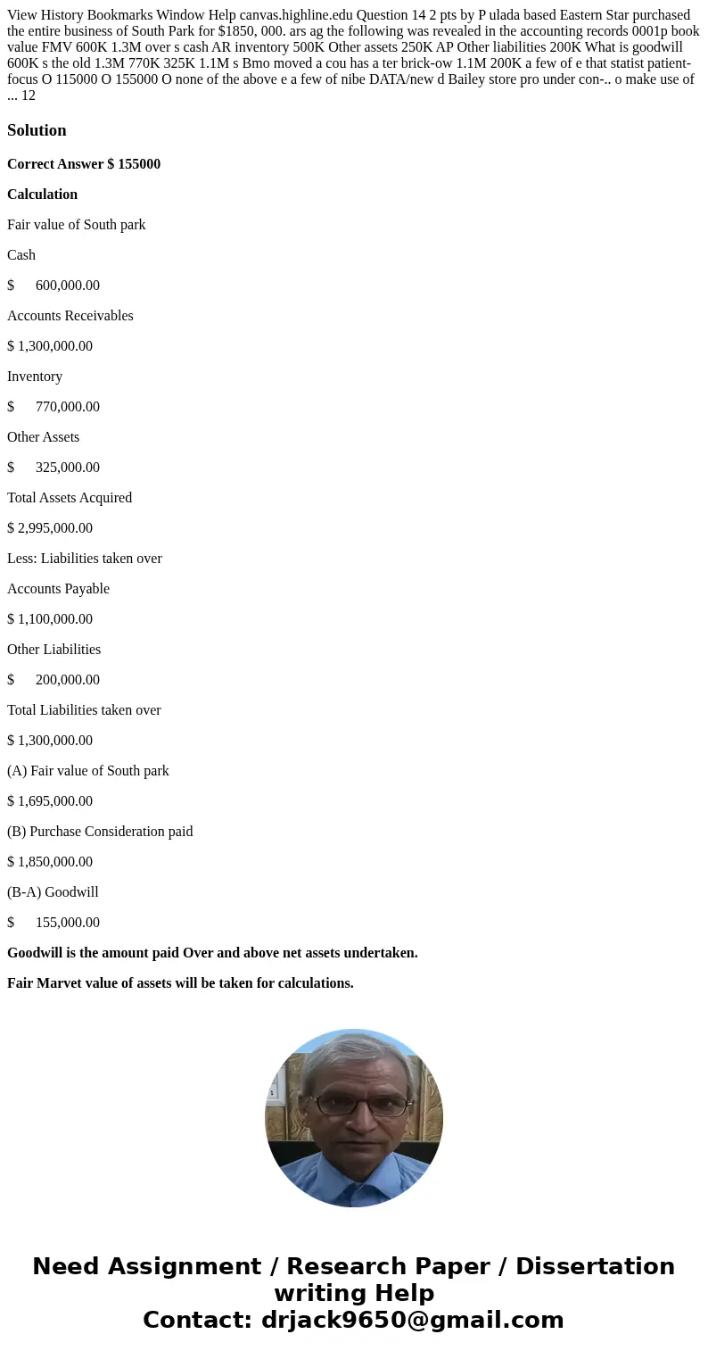 View History Bookmarks Window Help canvas.highline.edu Question 14 2 pts by P ulada based Eastern Star purchased the entire business of South Park for $1850, 0  View History Bookmarks Window Help canvas.highline.edu Question 14 2 pts by P ulada based Eastern Star purchased the entire business of South Park for $1850, 0