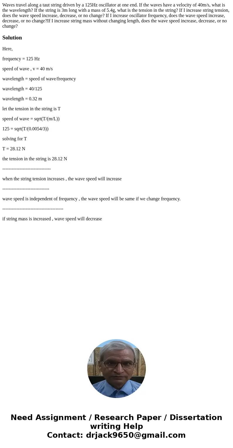 Waves travel along a taut string driven by a 125Hz oscillator at one end. If the waves have a velocity of 40m/s, what is the wavelength? If the string is 3m lon Waves travel along a taut string driven by a 125Hz oscillator at one end. If the waves have a velocity of 40m/s, what is the wavelength? If the string is 3m lon