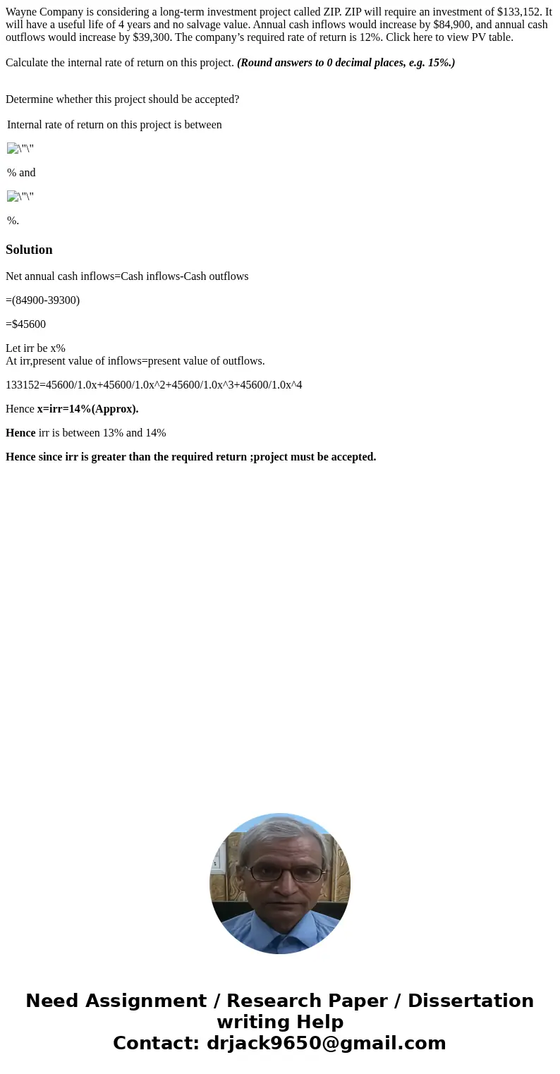 Wayne Company is considering a long-term investment project called ZIP. ZIP will require an investment of $133,152. It will have a useful life of 4 years and no