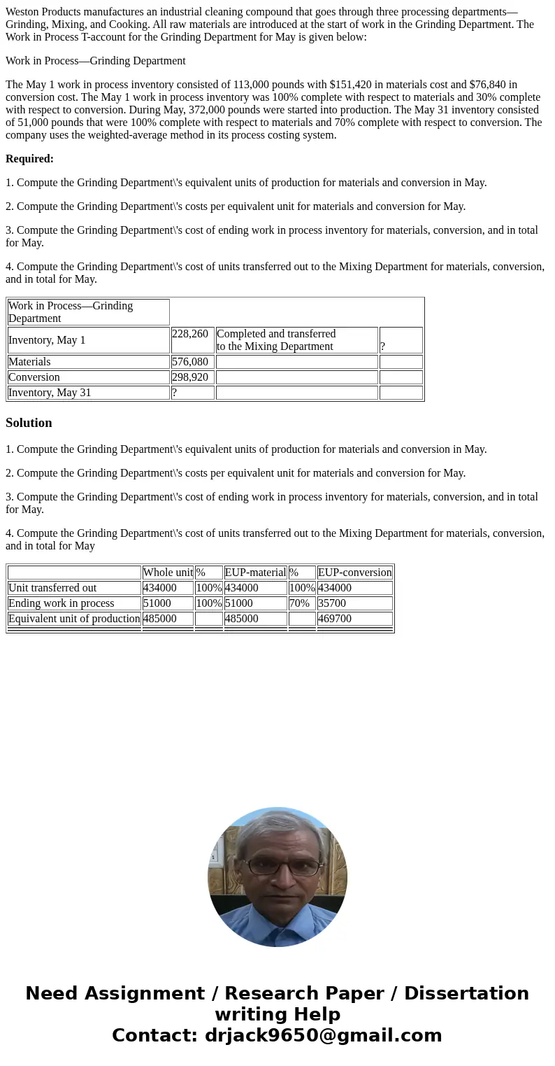 Weston Products manufactures an industrial cleaning compound that goes through three processing departments—Grinding, Mixing, and Cooking. All raw materials are