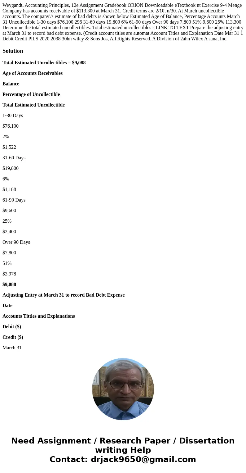 Weygandt, Accounting Principles, 12e Assignment Gradebook ORION Downloadable eTextbook nt Exercise 9-4 Menge Company has accounts receivable of $113,300 at Mar  Weygandt, Accounting Principles, 12e Assignment Gradebook ORION Downloadable eTextbook nt Exercise 9-4 Menge Company has accounts receivable of $113,300 at Mar