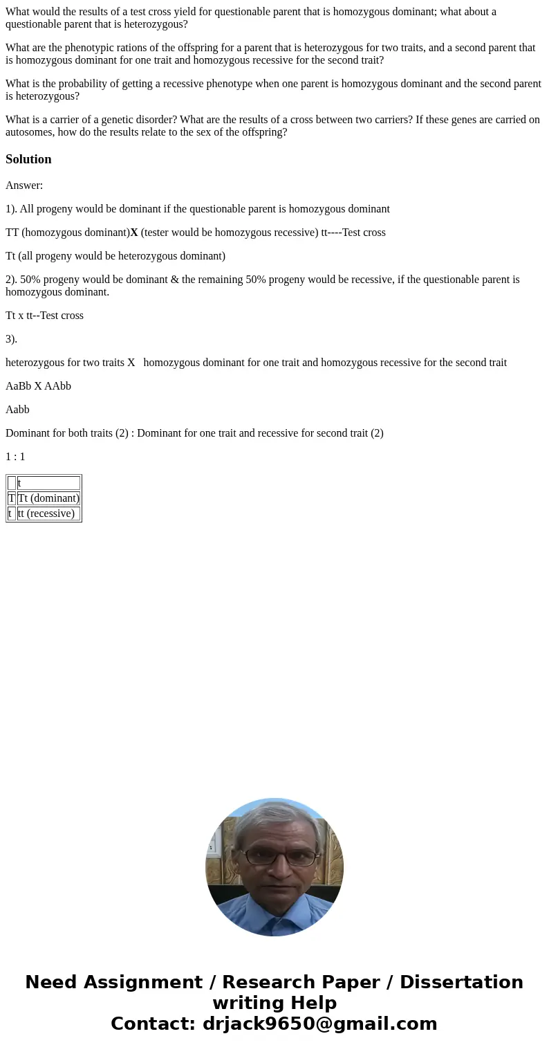 What would the results of a test cross yield for questionable parent that is homozygous dominant; what about a questionable parent that is heterozygous? What ar What would the results of a test cross yield for questionable parent that is homozygous dominant; what about a questionable parent that is heterozygous? What ar