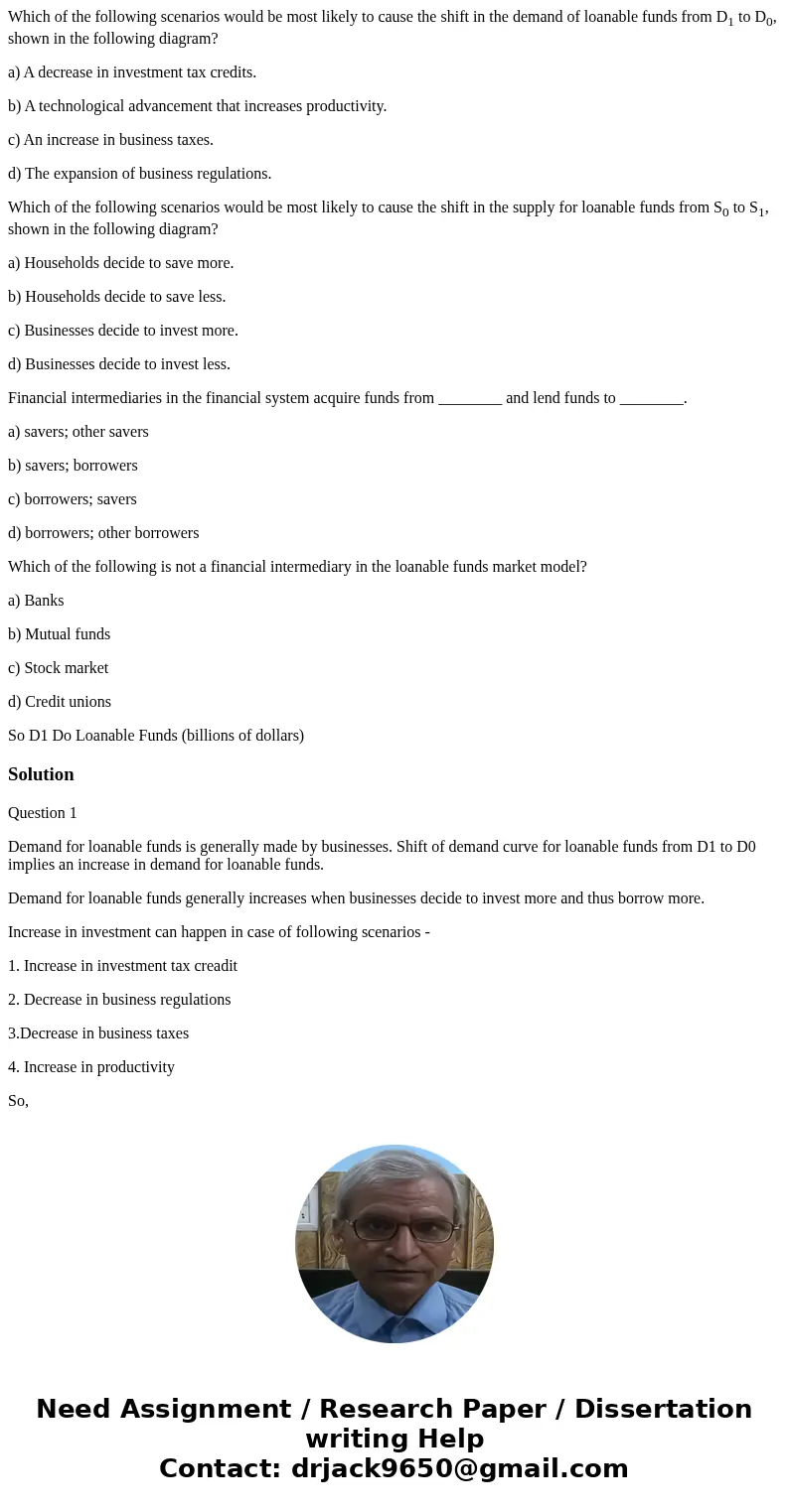 Which of the following scenarios would be most likely to cause the shift in the demand of loanable funds from D1 to D0, shown in the following diagram? a) A dec