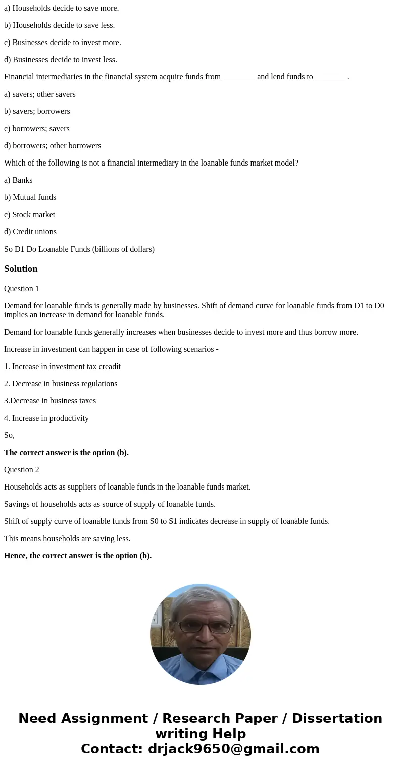 Which of the following scenarios would be most likely to cause the shift in the demand of loanable funds from D1 to D0, shown in the following diagram? a) A dec