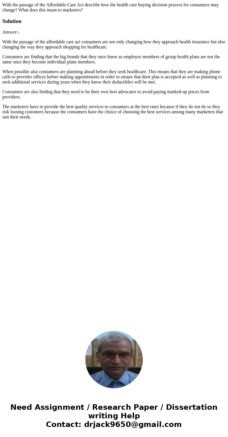 With the passage of the Affordable Care Act describe how the health care buying decision process for consumers may change? What does this mean to marketers?Solu
