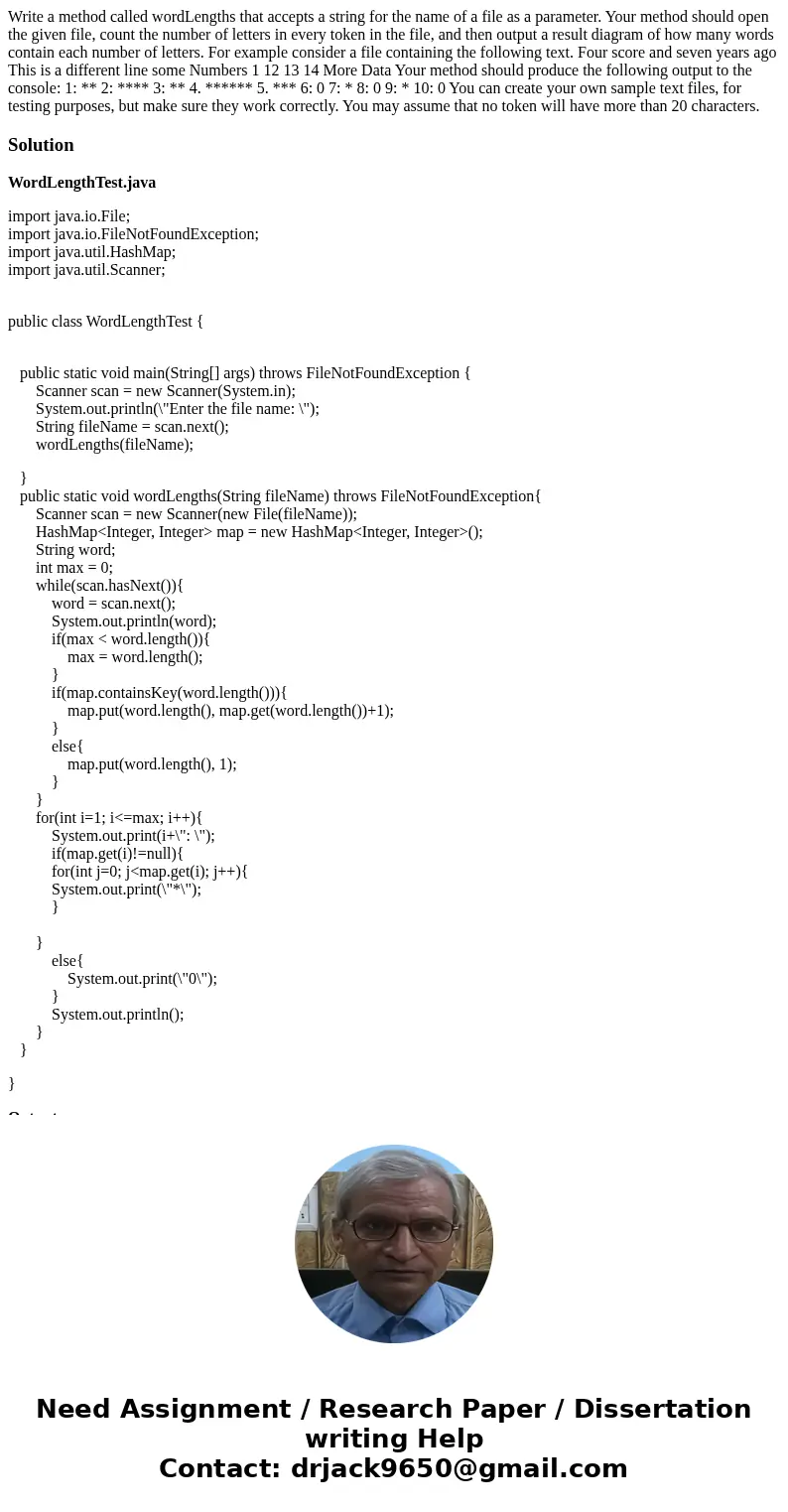 Write a method called wordLengths that accepts a string for the name of a file as a parameter. Your method should open the given file, count the number of lett  Write a method called wordLengths that accepts a string for the name of a file as a parameter. Your method should open the given file, count the number of lett