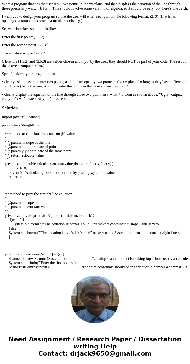 Write a program that has the user input two points in the xy-plane, and then displays the equation of the line through those points in y = mx + b form. This sho