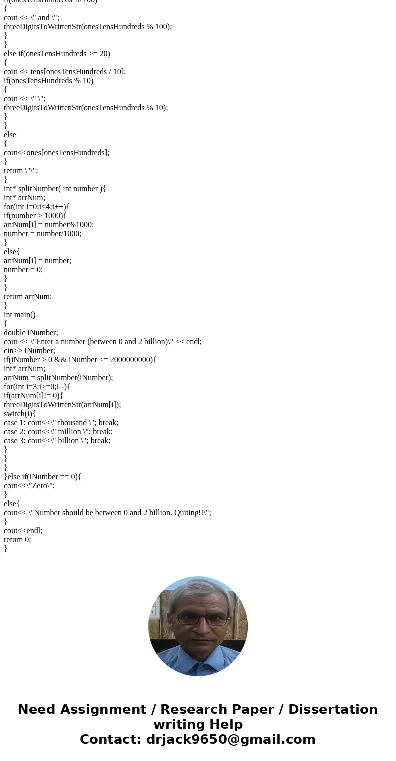 Write code for a program in c++ preferably in visual studio 2008 or 2015 that takes an input of any number up to 2 billion and converts the number into its equi