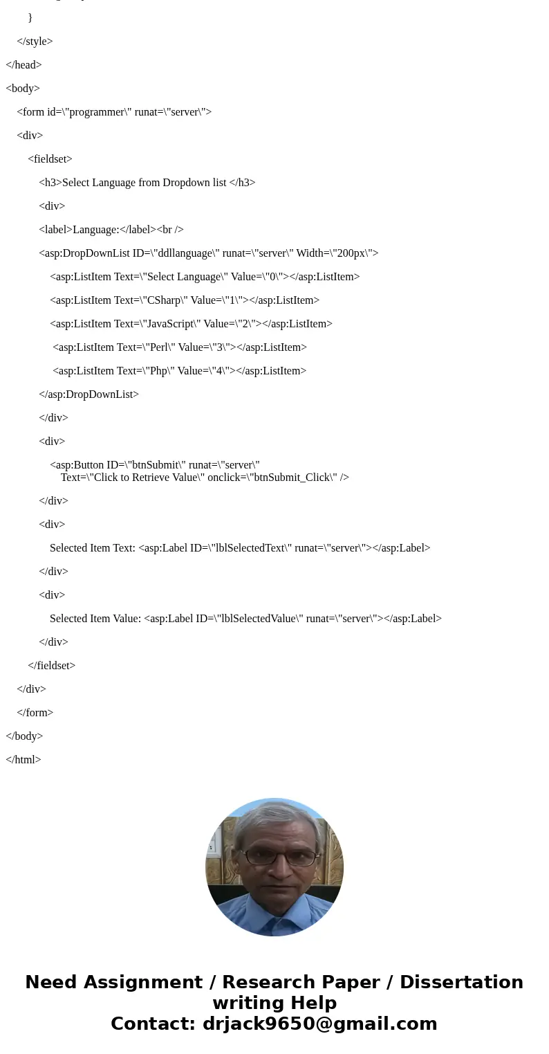 WRITE THE CODE TO CREATE THE FORM SELECTION BOX LIST FOR THE DROPDOWN OBJECT THAT WILL GO WITH SELECT CMD. THE SELECTIONS CHOICES ARE: csharp C#, javascript Jav