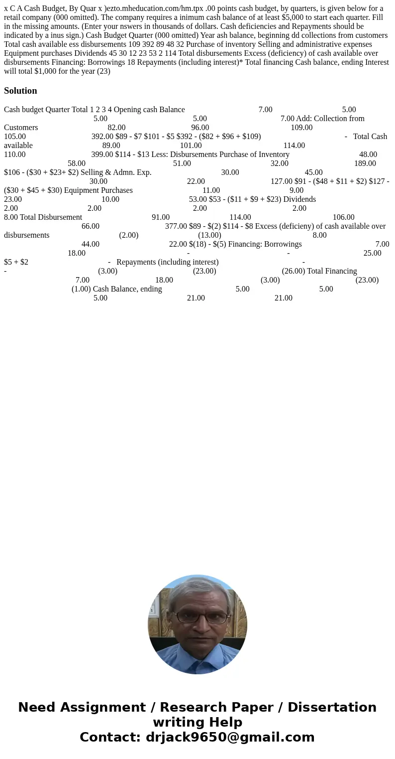 x C A Cash Budget, By Quar x )ezto.mheducation.com/hm.tpx .00 points cash budget, by quarters, is given below for a retail company (000 omitted). The company r  x C A Cash Budget, By Quar x )ezto.mheducation.com/hm.tpx .00 points cash budget, by quarters, is given below for a retail company (000 omitted). The company r