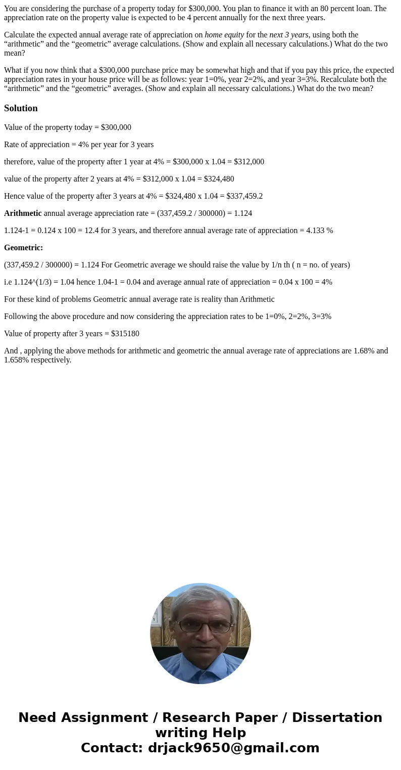 You are considering the purchase of a property today for $300,000. You plan to finance it with an 80 percent loan. The appreciation rate on the property value i You are considering the purchase of a property today for $300,000. You plan to finance it with an 80 percent loan. The appreciation rate on the property value i