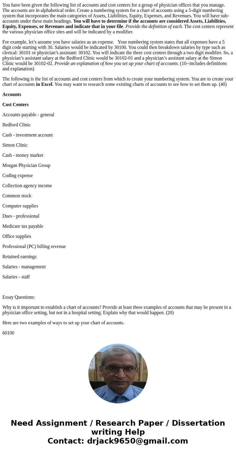You have been given the following list of accounts and cost centers for a group of physician offices that you manage. The accounts are in alphabetical order. Cr You have been given the following list of accounts and cost centers for a group of physician offices that you manage. The accounts are in alphabetical order. Cr