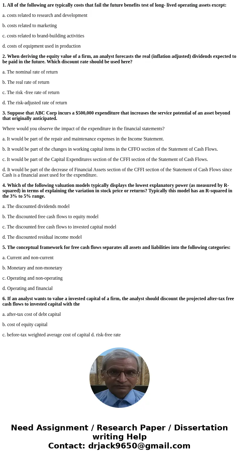 1. All of the following are typically costs that fail the future benefits test of long- lived operating assets except: a. costs related to research and developm