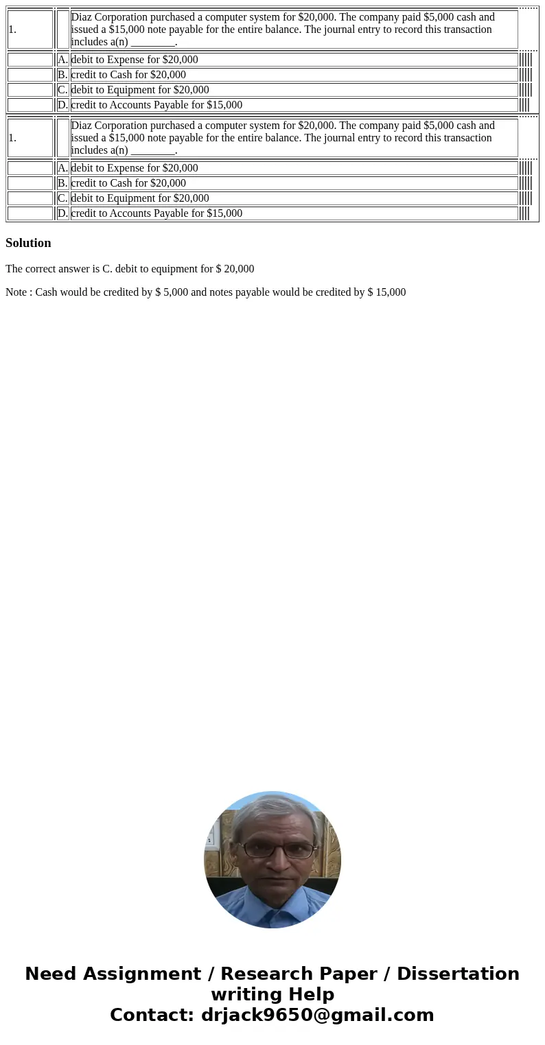  1. Diaz Corporation purchased a computer system for $20,000. The company paid $5,000 cash and issued a $15,000 note payable for the entire balance. The journal