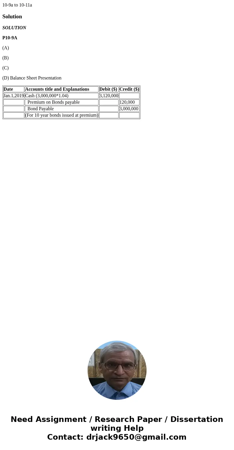  10-9a to 10-11aSolutionSOLUTION P10-9A (A) (B) (C) (D) Balance Sheet Presentation Date Accounts title and Explanations Debit ($) Credit ($) Jan.1,2019 Cash (3,