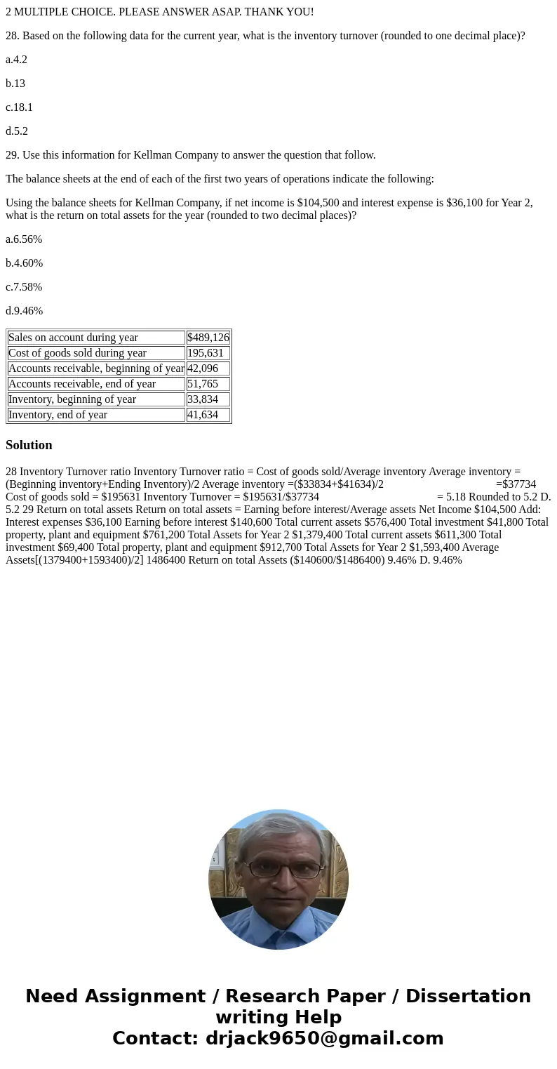 2 MULTIPLE CHOICE. PLEASE ANSWER ASAP. THANK YOU! 28. Based on the following data for the current year, what is the inventory turnover (rounded to one decimal p