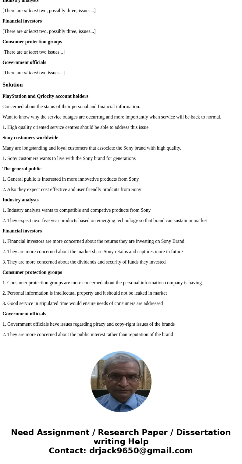 2011 Sony Playstation newwork outage! What are the issues of 7 skateholders after Sony Playstation newwork has been hacked. Complete the bulleted list below. In