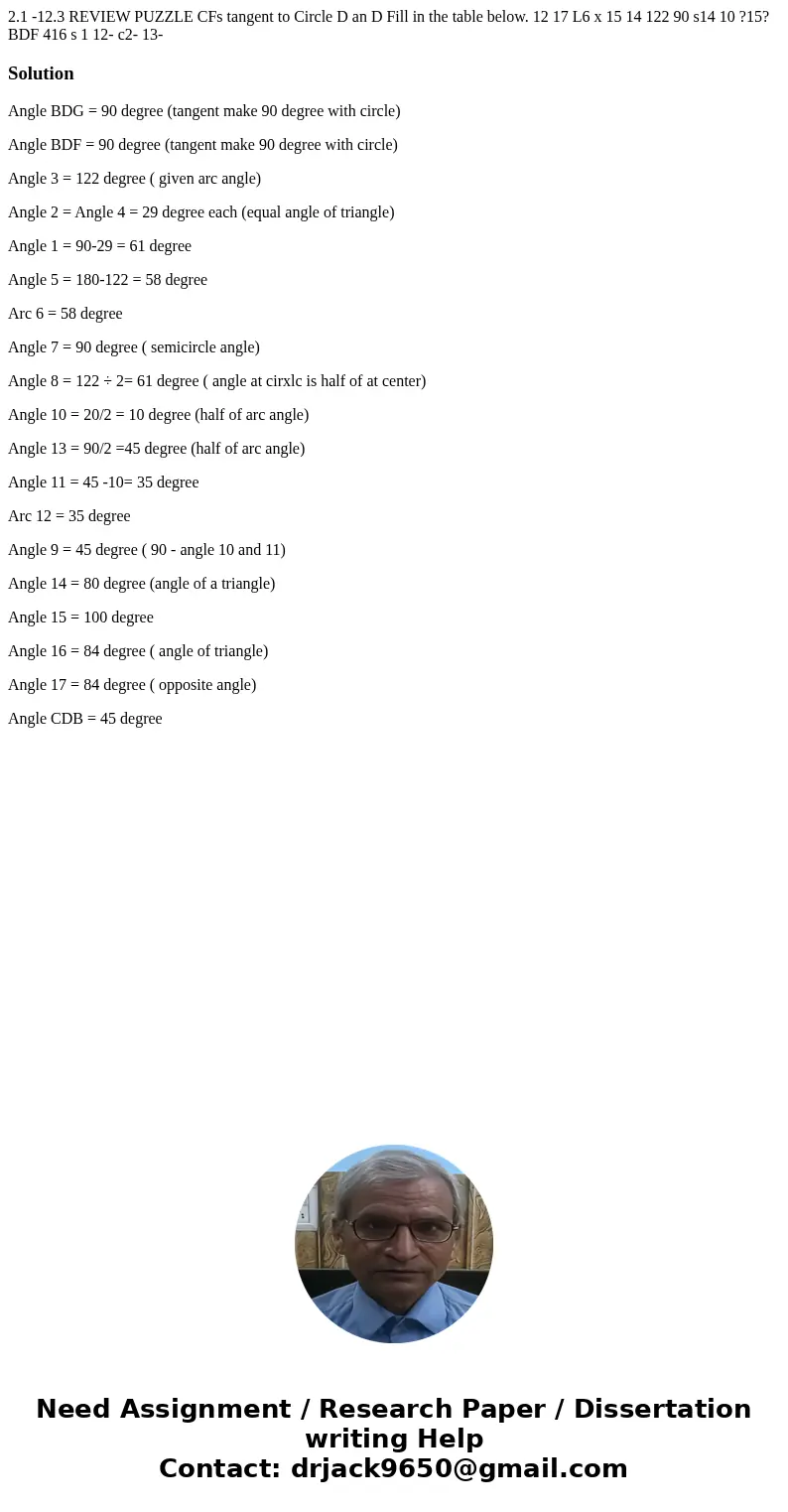  2.1 -12.3 REVIEW PUZZLE CFs tangent to Circle D an D Fill in the table below. 12 17 L6 x 15 14 122 90 s14 10 ?15? BDF 416 s 1 12- c2- 13- SolutionAngle BDG = 9