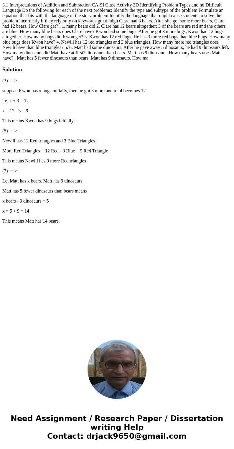 3.1 Interpretations of Addition and Subtraction CA-SI Class Activity 3D Identifying Problem Types and nd Difficult Language Do the following for each of the ne  3.1 Interpretations of Addition and Subtraction CA-SI Class Activity 3D Identifying Problem Types and nd Difficult Language Do the following for each of the ne