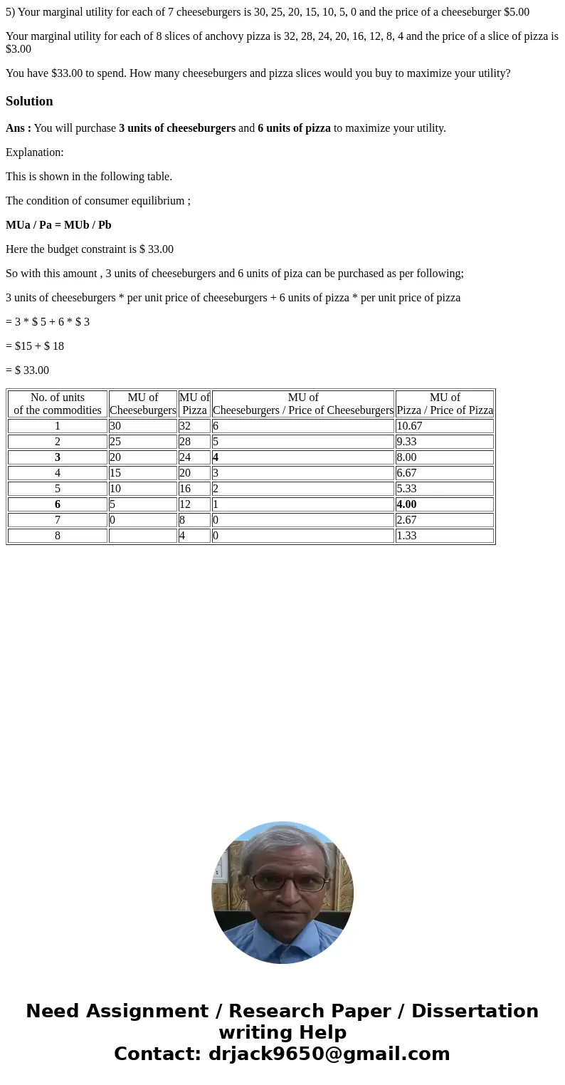 5) Your marginal utility for each of 7 cheeseburgers is 30, 25, 20, 15, 10, 5, 0 and the price of a cheeseburger $5.00 Your marginal utility for each of 8 slice 5) Your marginal utility for each of 7 cheeseburgers is 30, 25, 20, 15, 10, 5, 0 and the price of a cheeseburger $5.00 Your marginal utility for each of 8 slice