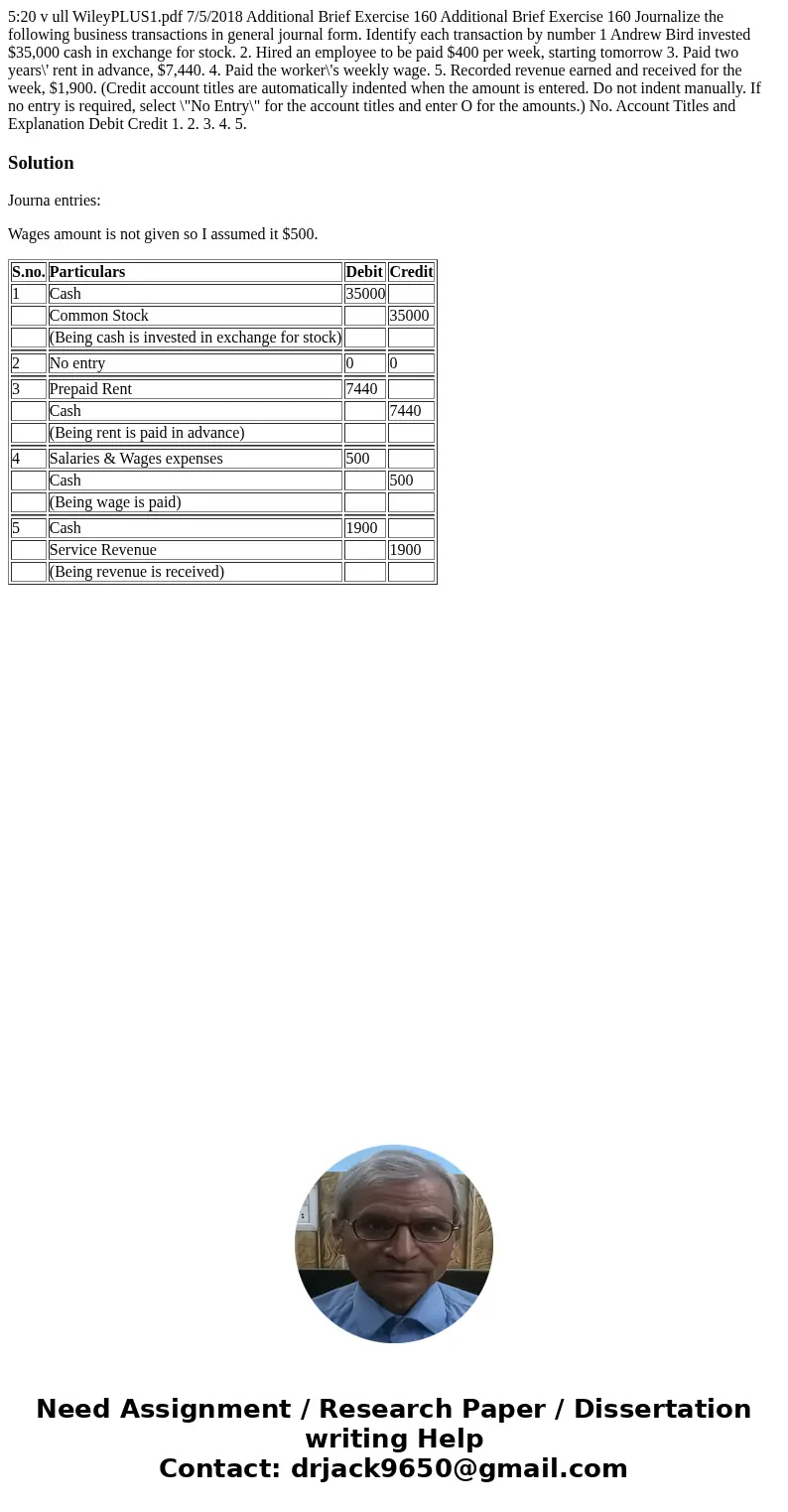 5:20 v ull WileyPLUS1.pdf 7/5/2018 Additional Brief Exercise 160 Additional Brief Exercise 160 Journalize the following business transactions in general journa  5:20 v ull WileyPLUS1.pdf 7/5/2018 Additional Brief Exercise 160 Additional Brief Exercise 160 Journalize the following business transactions in general journa
