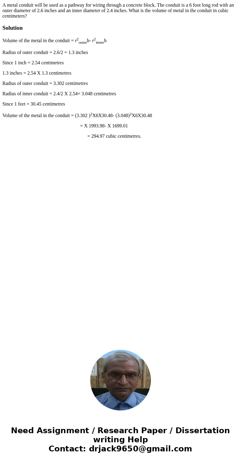 A metal conduit will be used as a pathway for wiring through a concrete block. The conduit is a 6 foot long rod with an outer diameter of 2.6 inches and an inne