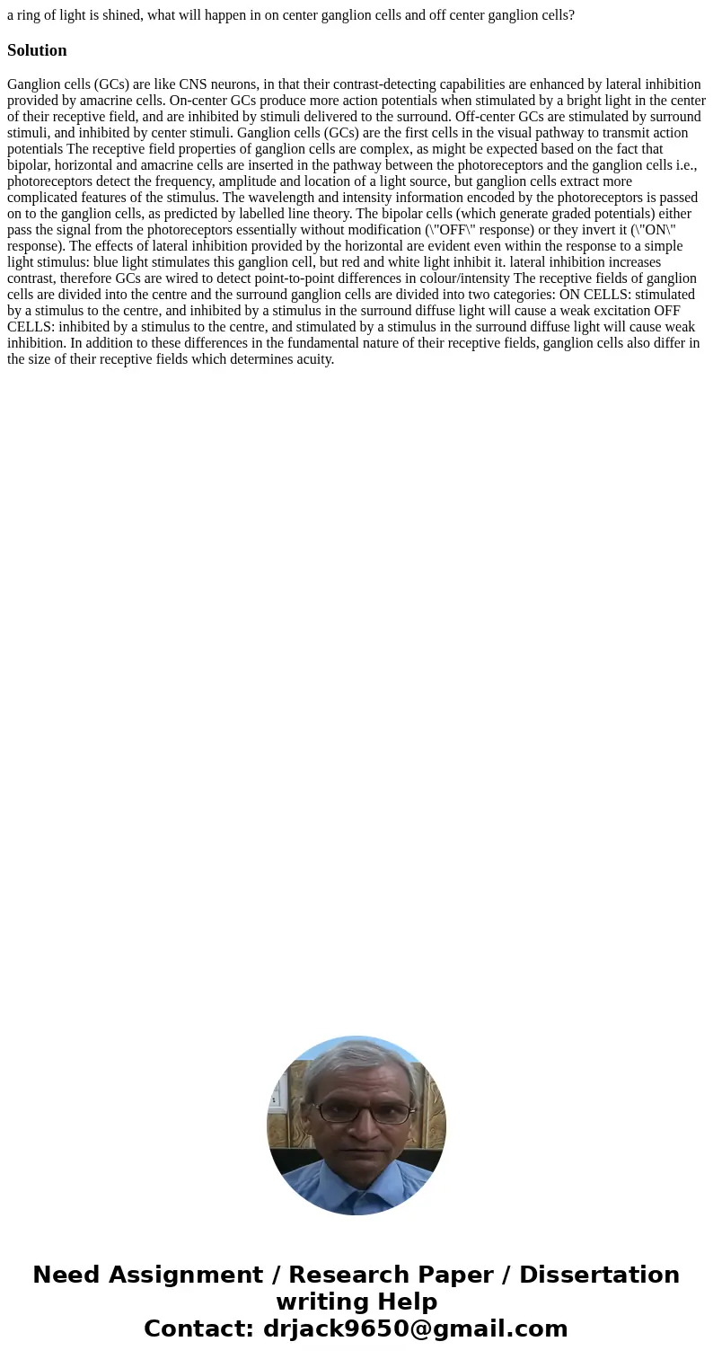 a ring of light is shined, what will happen in on center ganglion cells and off center ganglion cells?Solution Ganglion cells (GCs) are like CNS neurons, in tha