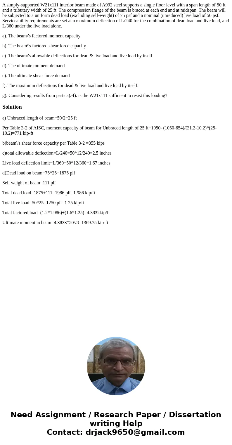 A simply-supported W21x111 interior beam made of A992 steel supports a single floor level with a span length of 50 ft and a tributary width of 25 ft. The compre