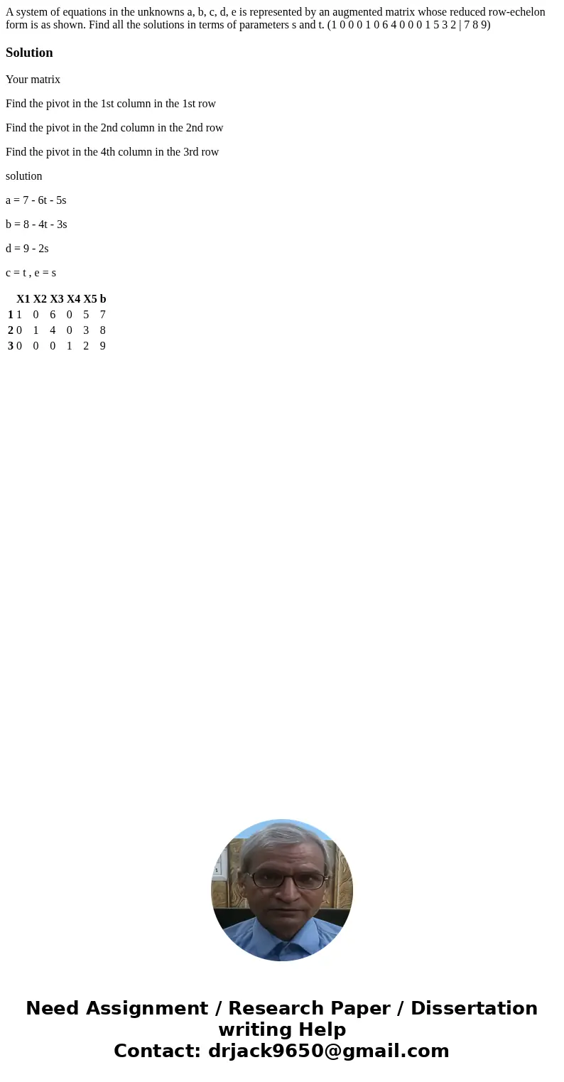  A system of equations in the unknowns a, b, c, d, e is represented by an augmented matrix whose reduced row-echelon form is as shown. Find all the solutions in