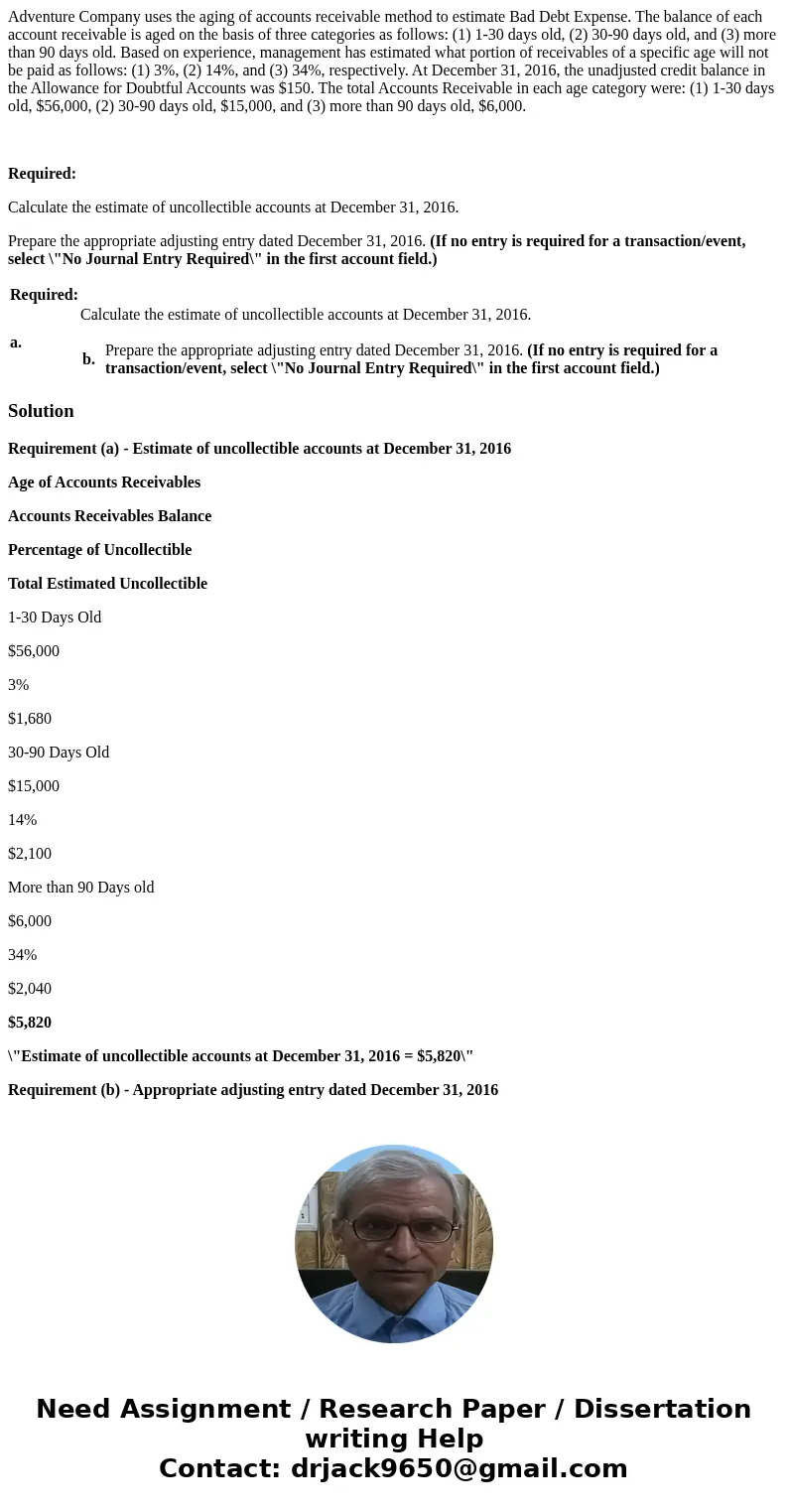 Adventure Company uses the aging of accounts receivable method to estimate Bad Debt Expense. The balance of each account receivable is aged on the basis of thre
