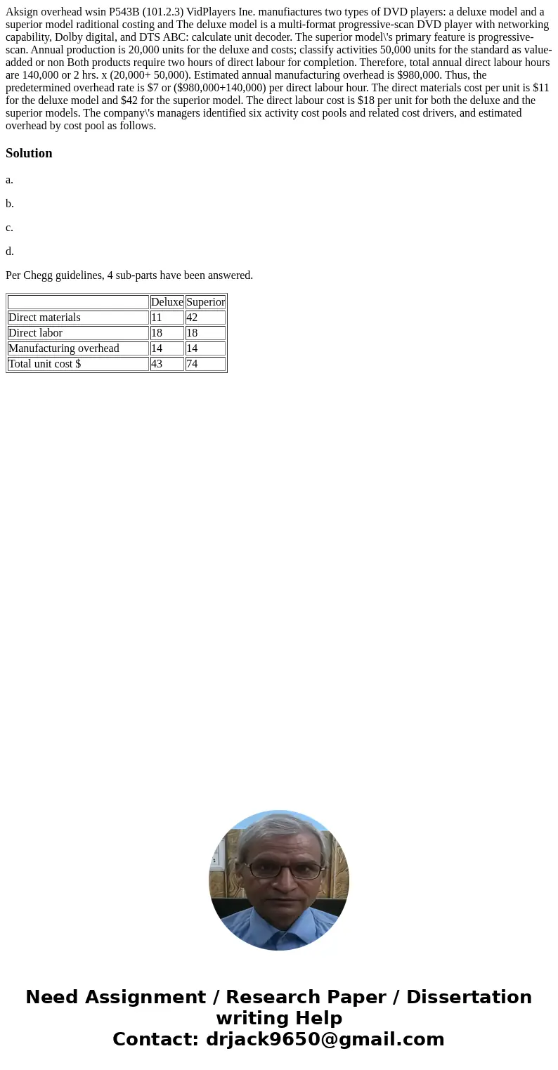 Aksign overhead wsin P543B (101.2.3) VidPlayers Ine. manufiactures two types of DVD players: a deluxe model and a superior model raditional costing and The del  Aksign overhead wsin P543B (101.2.3) VidPlayers Ine. manufiactures two types of DVD players: a deluxe model and a superior model raditional costing and The del