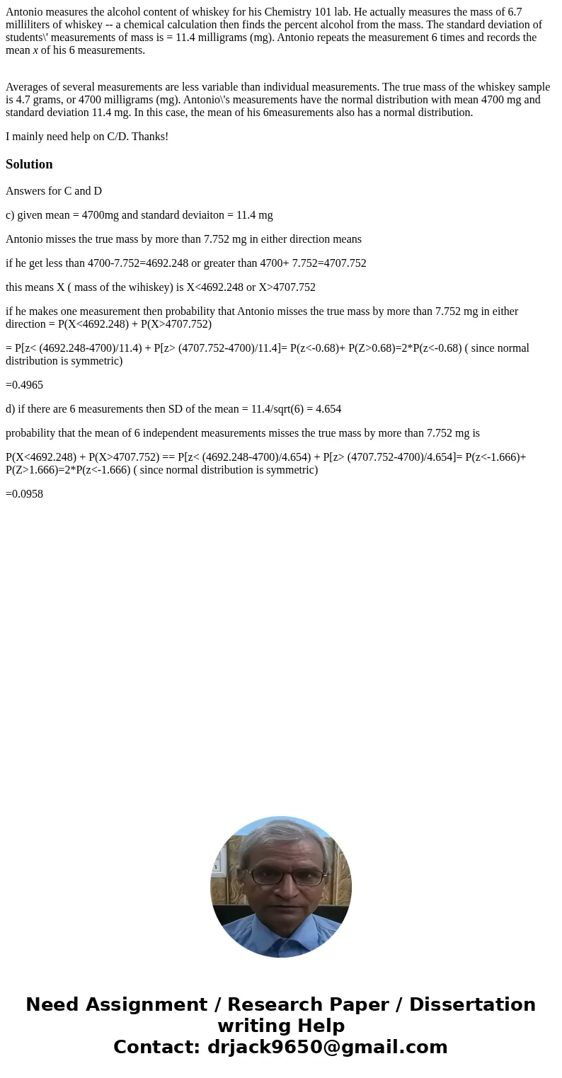 Antonio measures the alcohol content of whiskey for his Chemistry 101 lab. He actually measures the mass of 6.7 milliliters of whiskey -- a chemical calculation Antonio measures the alcohol content of whiskey for his Chemistry 101 lab. He actually measures the mass of 6.7 milliliters of whiskey -- a chemical calculation
