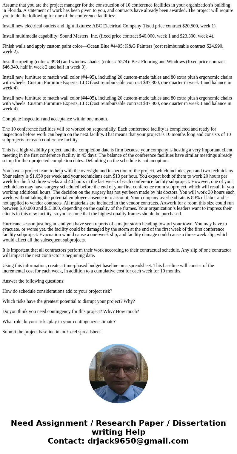 Assume that you are the project manager for the construction of 10 conference facilities in your organization’s building in Florida. A statement of work has bee