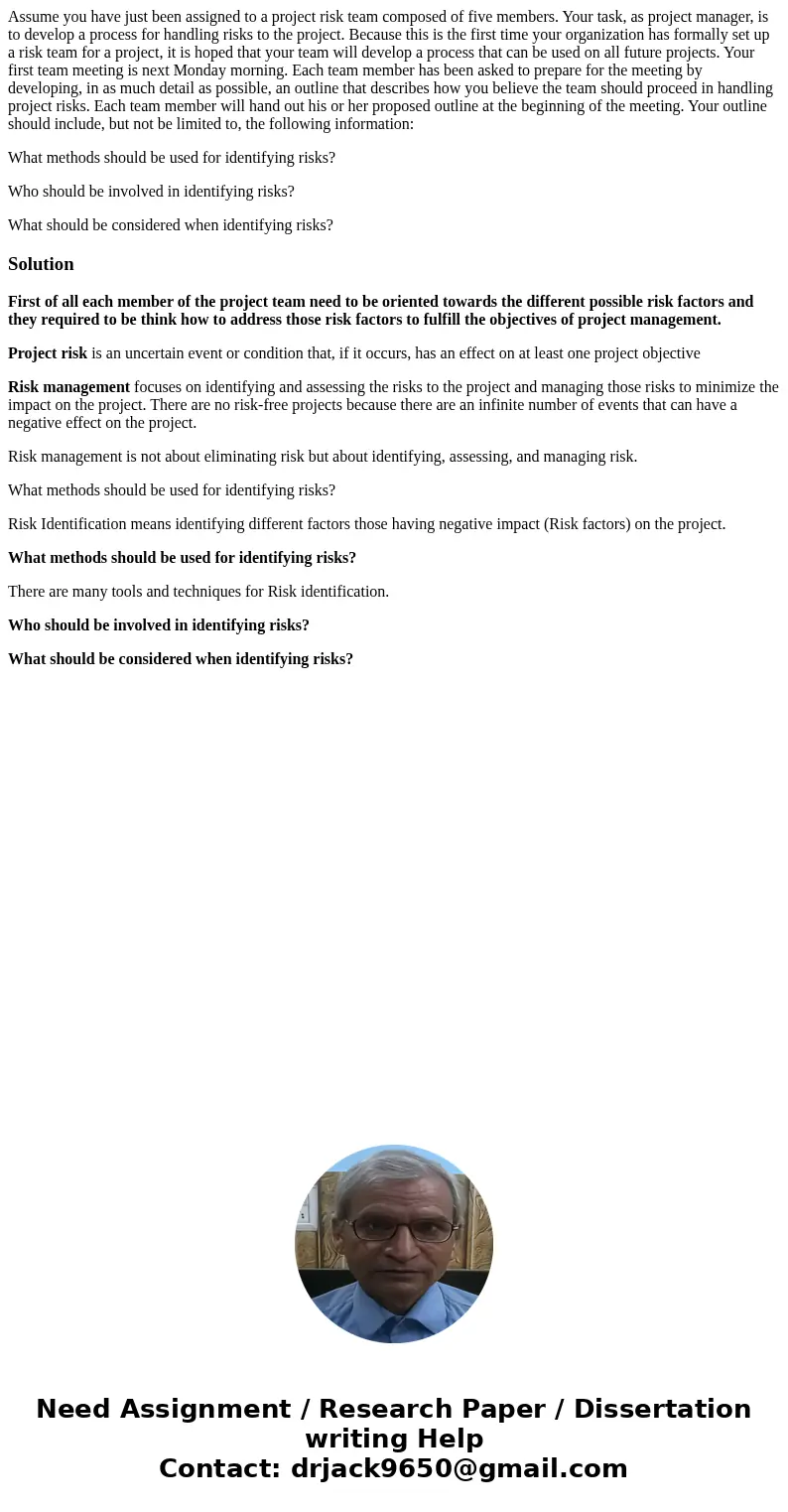 Assume you have just been assigned to a project risk team composed of five members. Your task, as project manager, is to develop a process for handling risks to