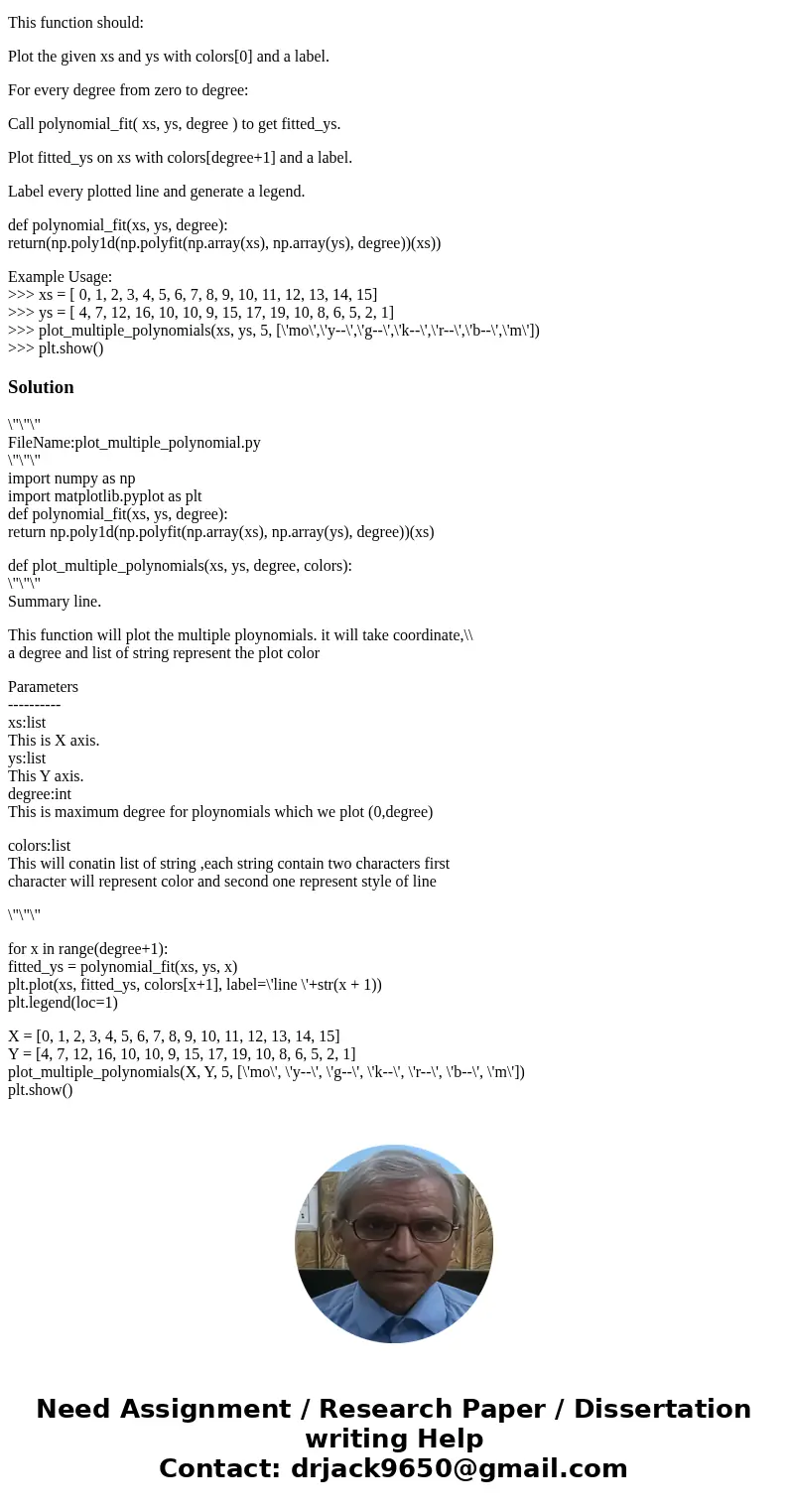 Basic Python Programming USE NUMPY PLEASE Define a function plot_multiple_polynomials( xs, ys, degree, colors ) that takes in two lists of coordinates, a degree Basic Python Programming USE NUMPY PLEASE Define a function plot_multiple_polynomials( xs, ys, degree, colors ) that takes in two lists of coordinates, a degree