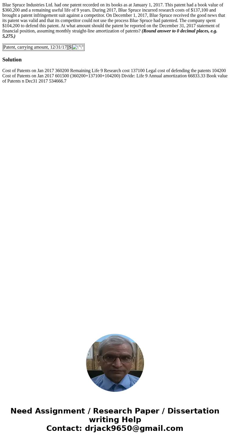 Blue Spruce Industries Ltd. had one patent recorded on its books as at January 1, 2017. This patent had a book value of $360,200 and a remaining useful life of 