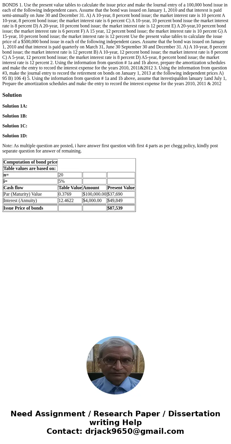  BONDS 1. Use the present value tables to calculate the issue price and make the lournal entry of a 100,000 bond issue in each of the following independent case