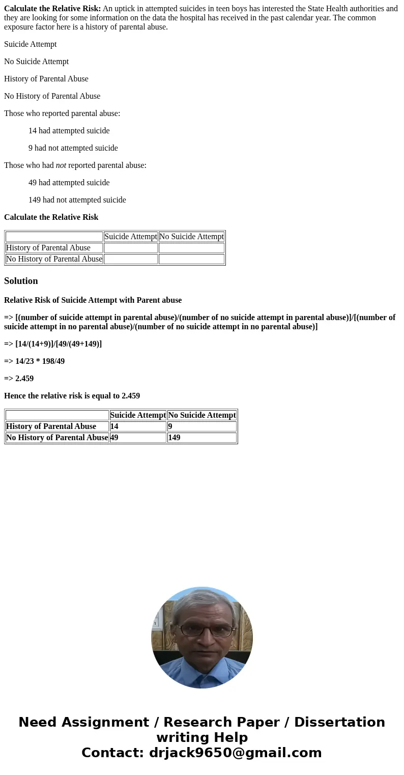 Calculate the Relative Risk: An uptick in attempted suicides in teen boys has interested the State Health authorities and they are looking for some information  Calculate the Relative Risk: An uptick in attempted suicides in teen boys has interested the State Health authorities and they are looking for some information