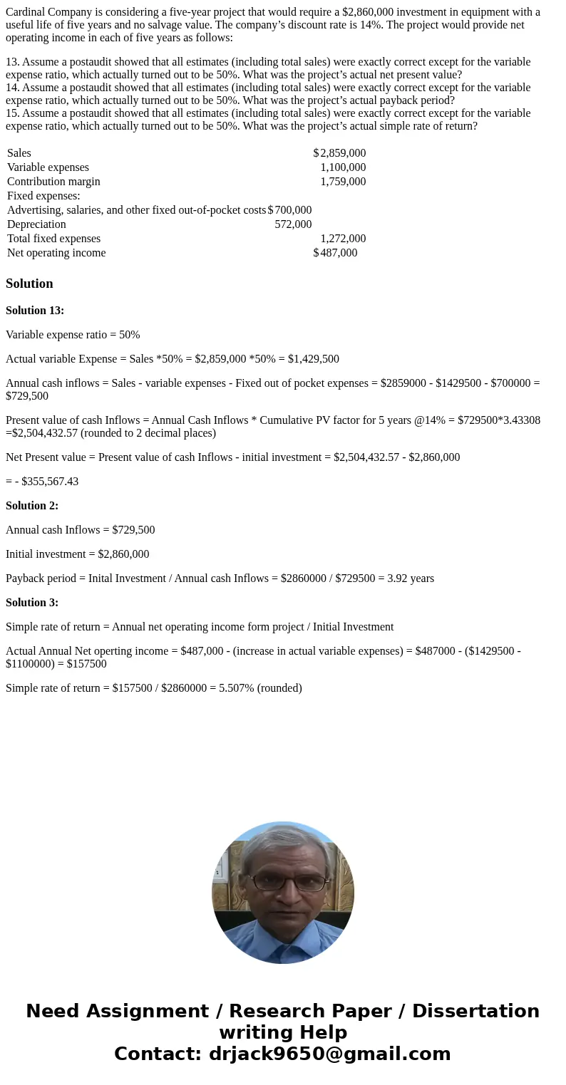 Cardinal Company is considering a five-year project that would require a $2,860,000 investment in equipment with a useful life of five years and no salvage valu