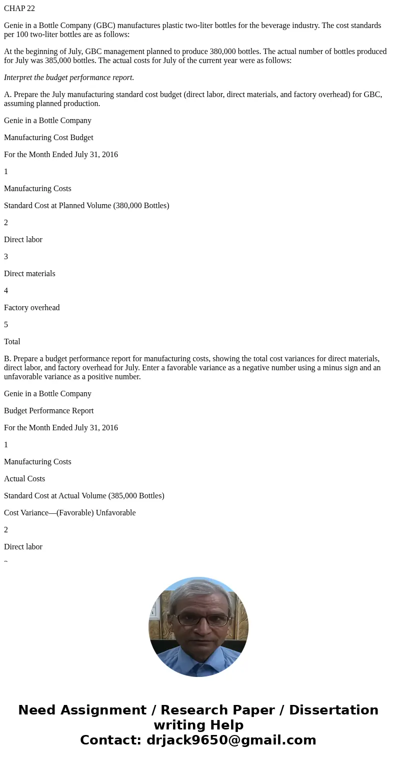 CHAP 22 Genie in a Bottle Company (GBC) manufactures plastic two-liter bottles for the beverage industry. The cost standards per 100 two-liter bottles are as fo