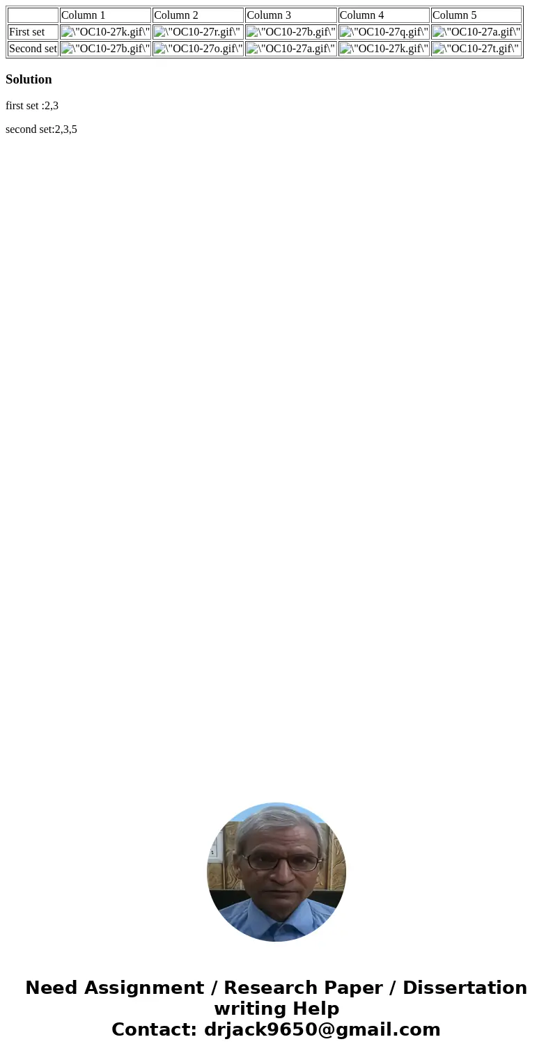 Column 1 Column 2 Column 3 Column 4 Column 5 First set Second set Solutionfirst set :2,3 second set:2,3,5  Column 1 Column 2 Column 3 Column 4 Column 5 First set Second set Solutionfirst set :2,3 second set:2,3,5