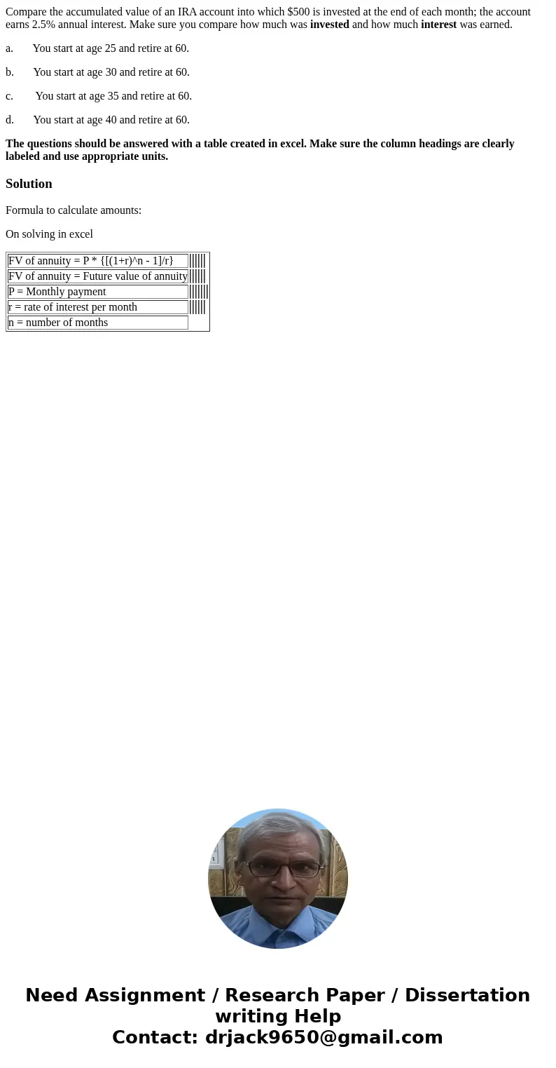 Compare the accumulated value of an IRA account into which $500 is invested at the end of each month; the account earns 2.5% annual interest. Make sure you comp
