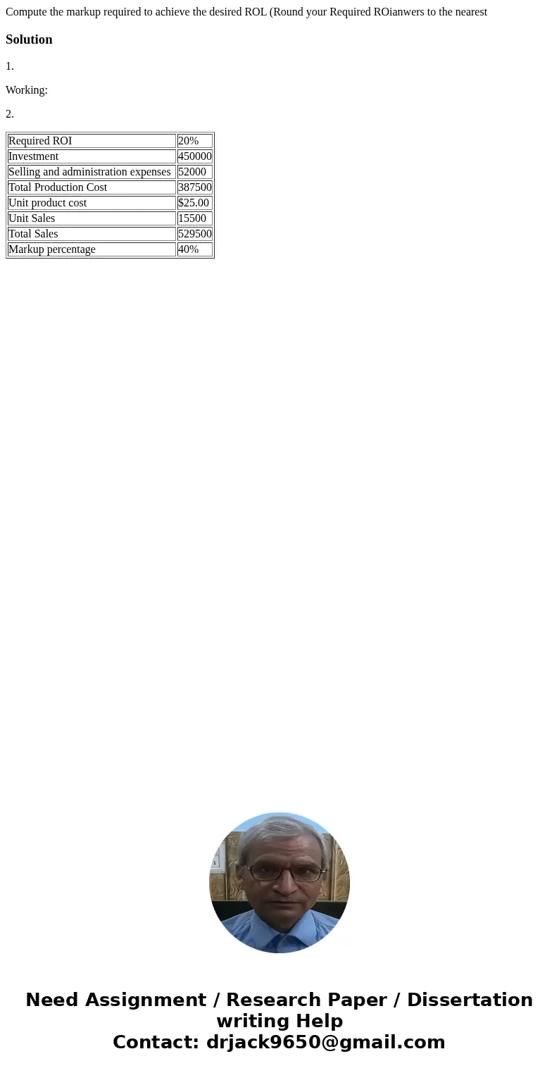  Compute the markup required to achieve the desired ROL (Round your Required ROianwers to the nearest Solution1. Working: 2. Required ROI 20% Investment 450000 