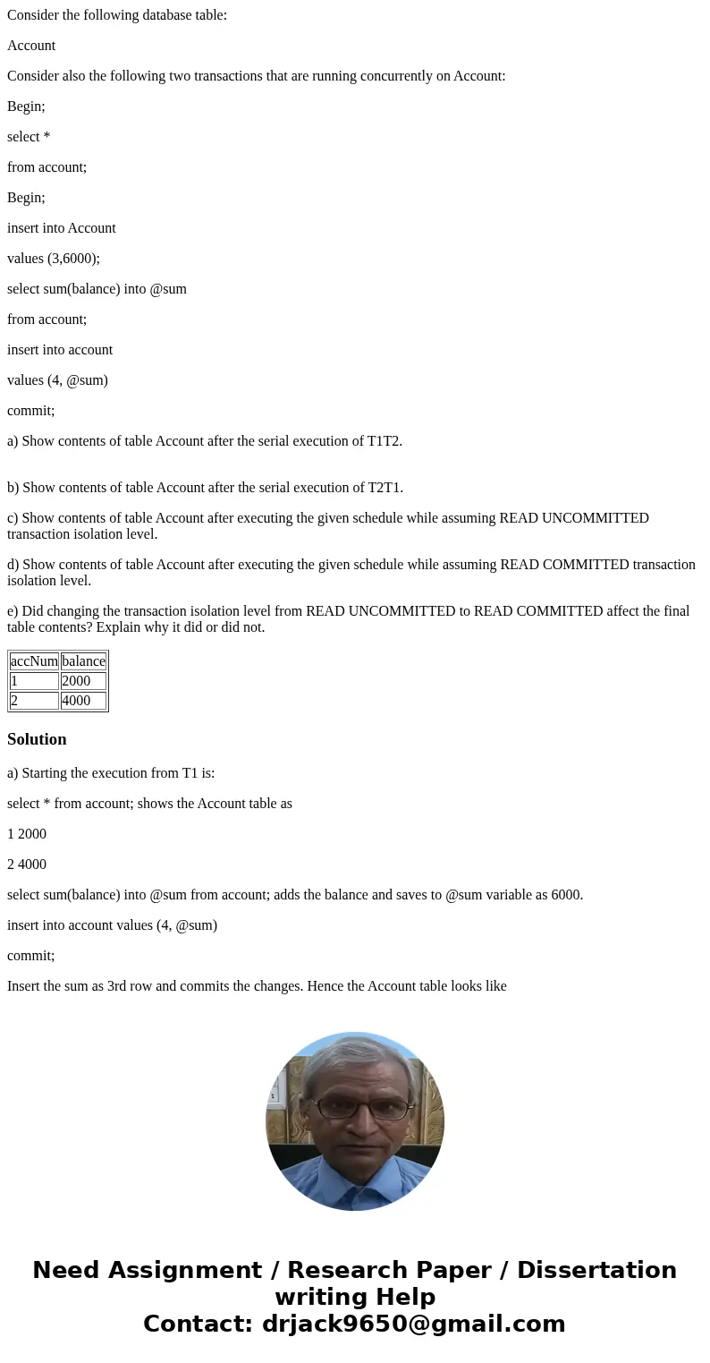 Consider the following database table: Account Consider also the following two transactions that are running concurrently on Account: Begin; select * from accou Consider the following database table: Account Consider also the following two transactions that are running concurrently on Account: Begin; select * from accou