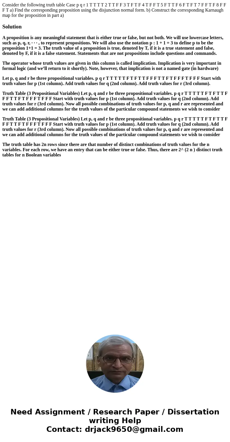 Consider the following truth table Case p q r 1 T T T T 2 T T F F 3 T F T F 4 T F F T 5 F T T F 6 F T F T 7 F F T F 8 F F F T a) Find the corresponding proposit