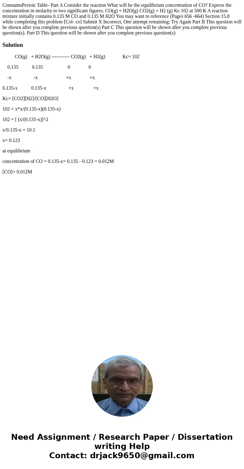  ConstantsPerioic Table- Part A Consider the reaction What will be the equilibrium concentration of CO? Express the concentration in molarity to two significant