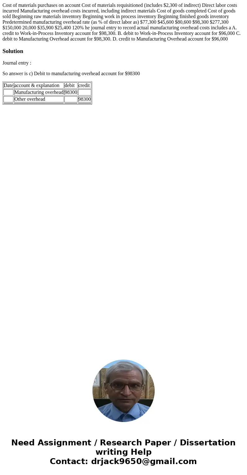 Cost of materials purchases on account Cost of materials requisitioned (includes $2,300 of indirect) Direct labor costs incurred Manufacturing overhead costs i  Cost of materials purchases on account Cost of materials requisitioned (includes $2,300 of indirect) Direct labor costs incurred Manufacturing overhead costs i