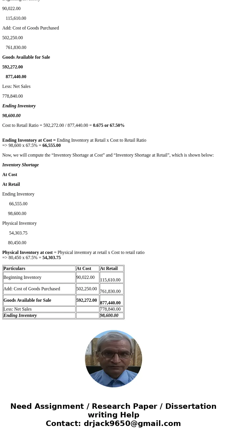  @ Cost @ Retail 1 Jan Beg Inv $ 90,022.00 $ 115,610.00 COGP $ 502,250.00 $ 761,830.00 NET SALES $ 778,840.00 A YEAREND PHYSICAL INVENTORY AT RETAIL PRICES YIEL